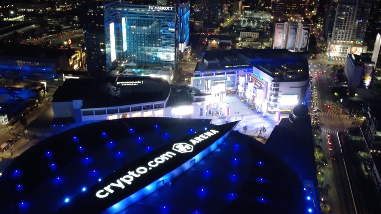 Night aerial of Crypto.com Arena in downtown Los Angeles, from Kiory Rivera's drone reel